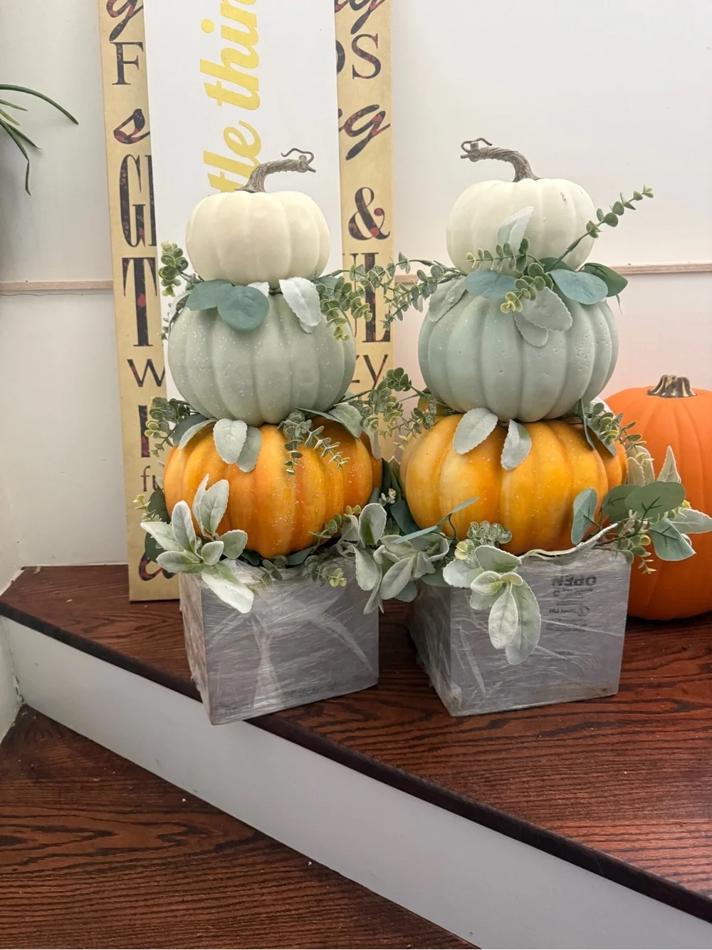 Decorative Pumpkin Topiary Trio - Green, White & Orange -
